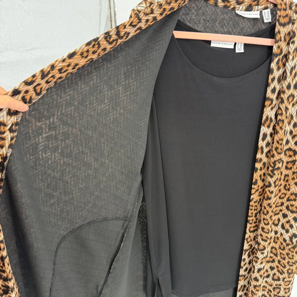 Susan Graver Leopard Print Open Front Long Cardigan Black Tank Top Set 1X - Picture 3 of 6